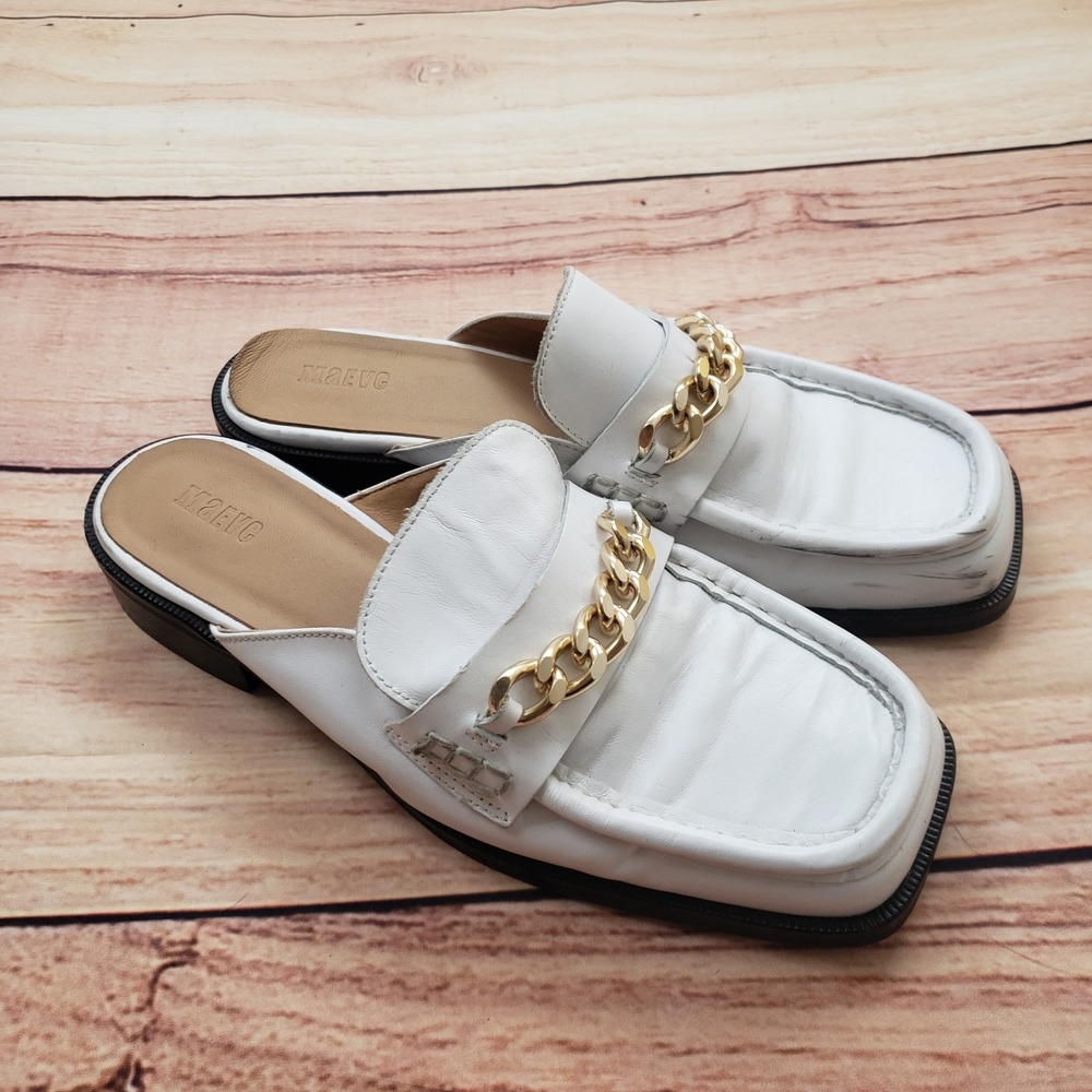 Maeve‎ Shoes Womens Size 37 White Leather Gold Chain Slip On Loafers Made Spain